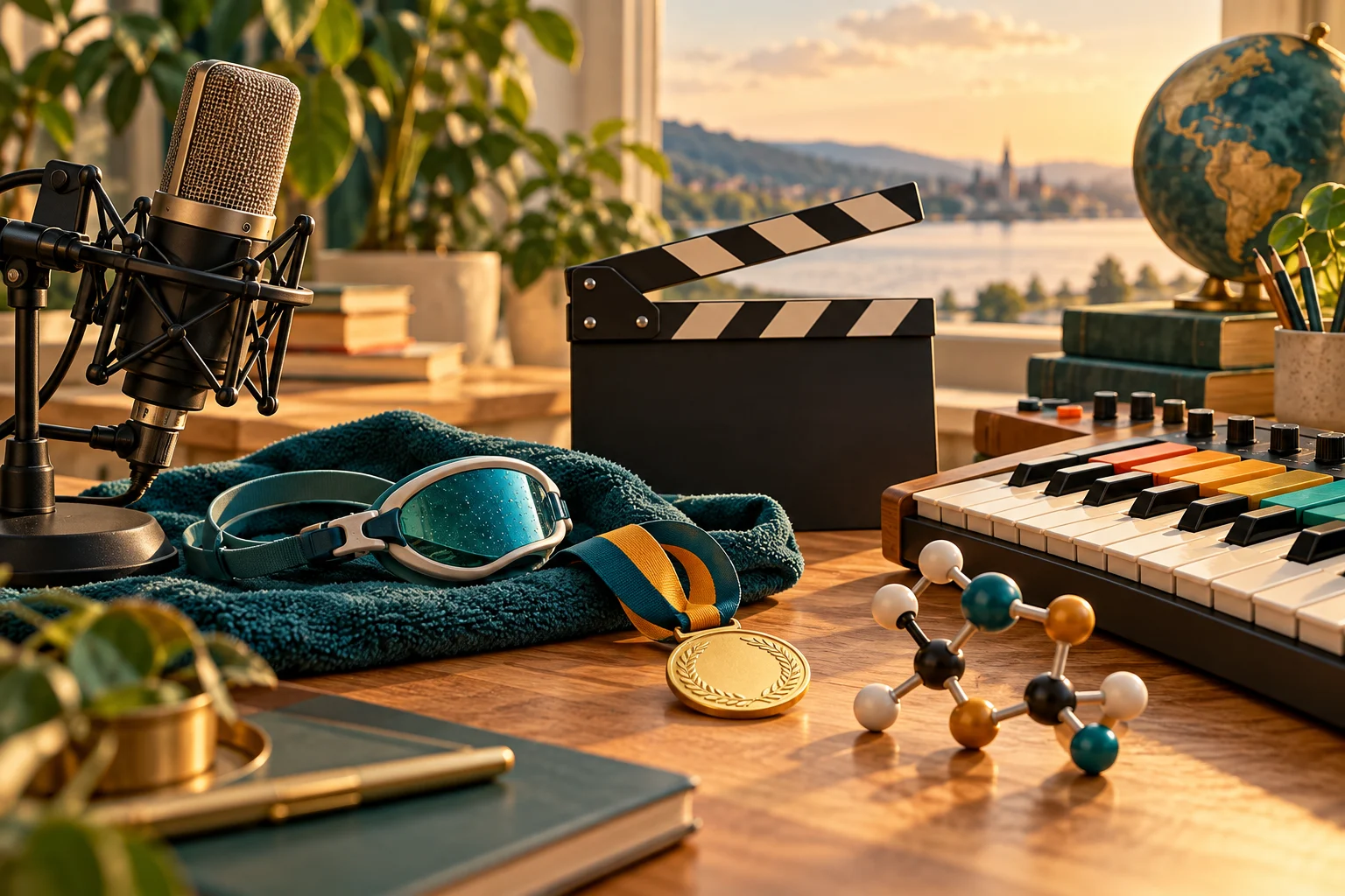 Mikrofon, Schwimmbrille, Medaille, Filmklappe und ein wissenschaftliches Modell stehen für unterschiedliche Lebenswege.