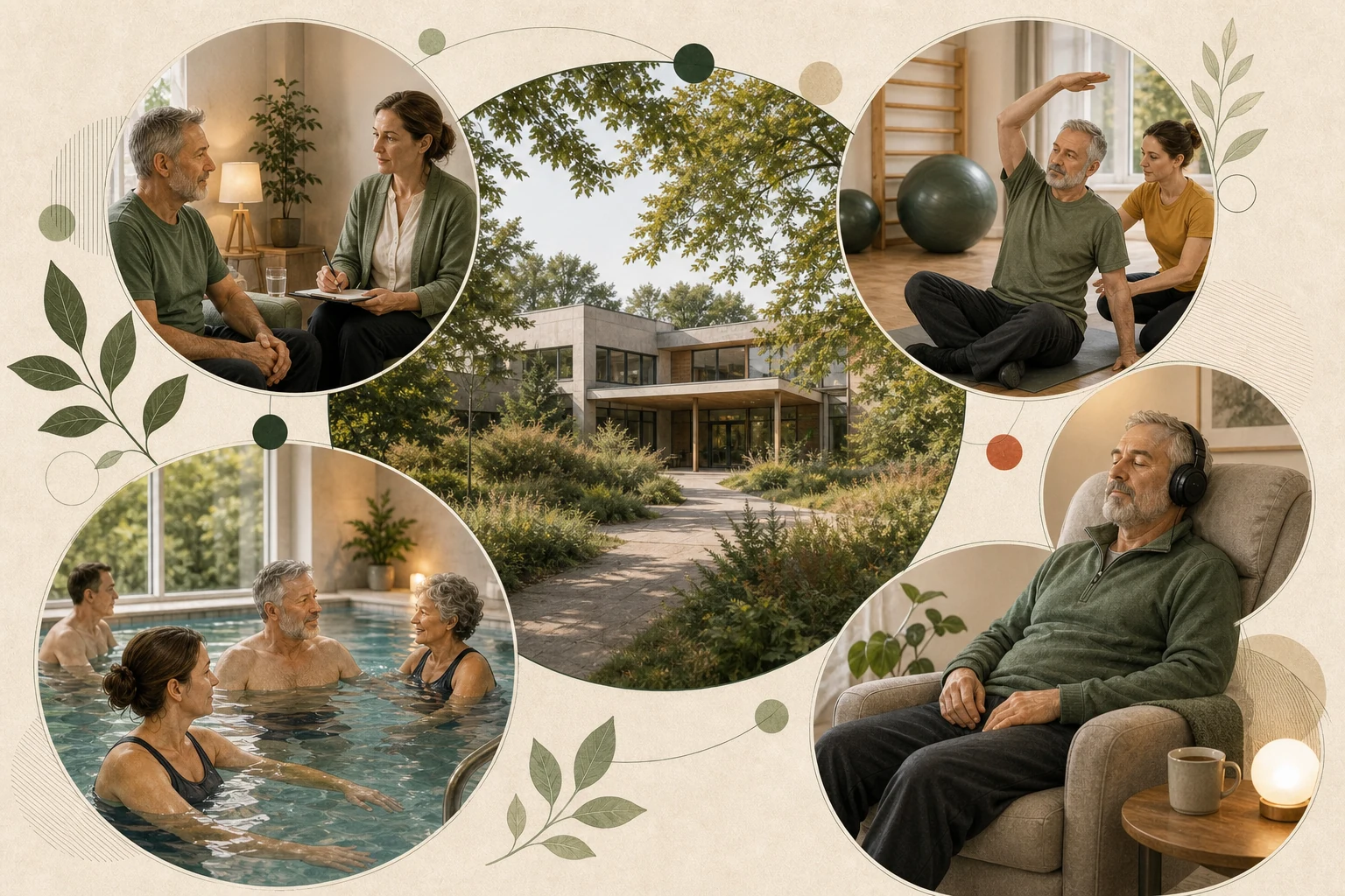 Reha-Alltag mit Klinikgebäude, Einzelgespräch, Physiotherapie, Bewegungsbad und ruhigem Rückzugsraum.