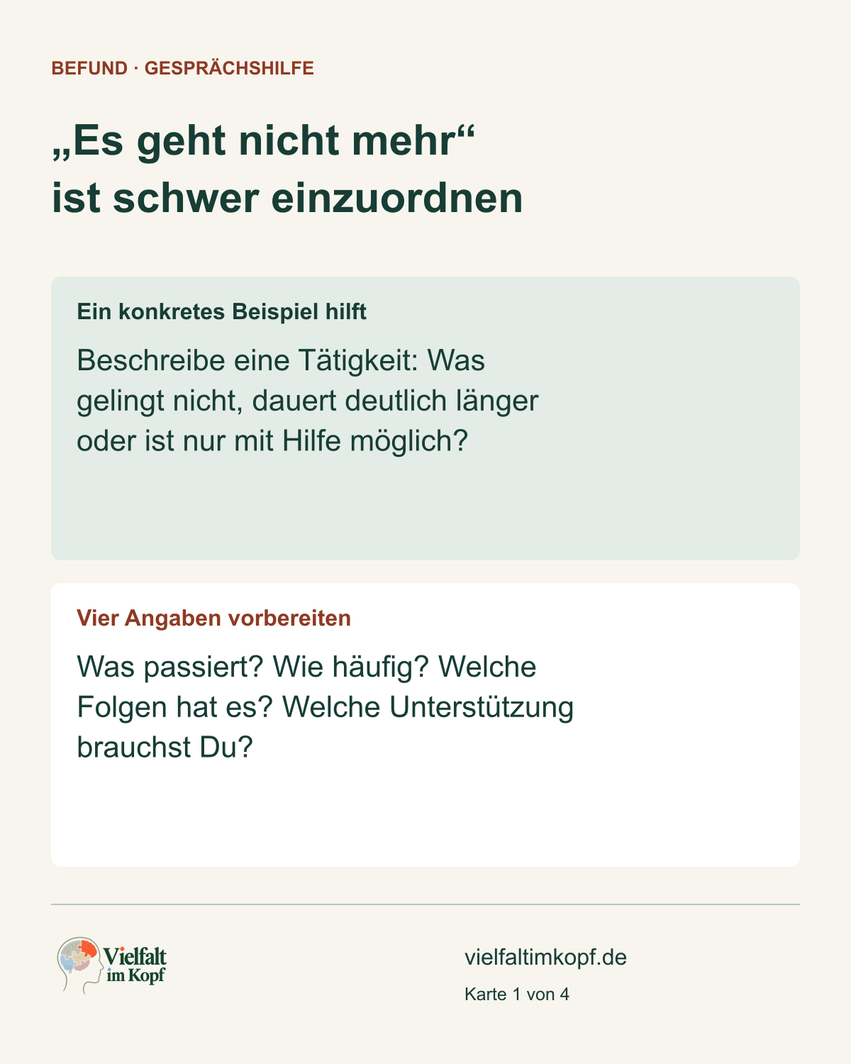 „Es geht nicht mehr“ ist schwer einzuordnen. Ein konkretes Beispiel hilft. Beschreibe eine Tätigkeit: Was gelingt nicht, dauert deutlich länger oder ist nur mit Hilfe möglich?. Vier Angaben vorbereiten. Was passiert? Wie häufig? Welche Folgen hat es? Welche Unterstützung brauchst Du?